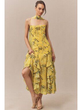 BHLDN Women's Chiffon Cowl-Neck Cross-Back Ruffle Midi Dress Size M In Yellow